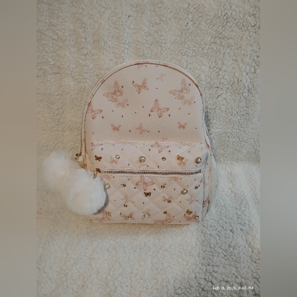UNDERONESKY PINK BUTTERFLY BACKPACK WITH FAUX PEARLS AND GOLD TONE BUTTERFLIES